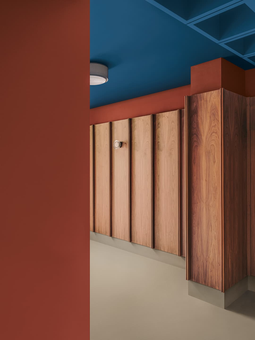 Modern interior with wood paneling, red and blue walls, and a ceiling light fixture. Minimalist design with natural textures.