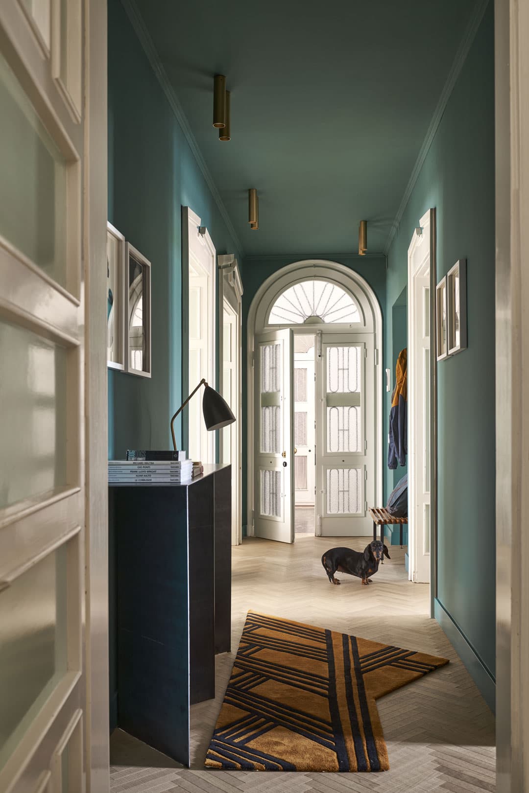A teal hallway with an arched doorway, geometric rug, black lamp on a cabinet, and a small dog standing near the entrance.